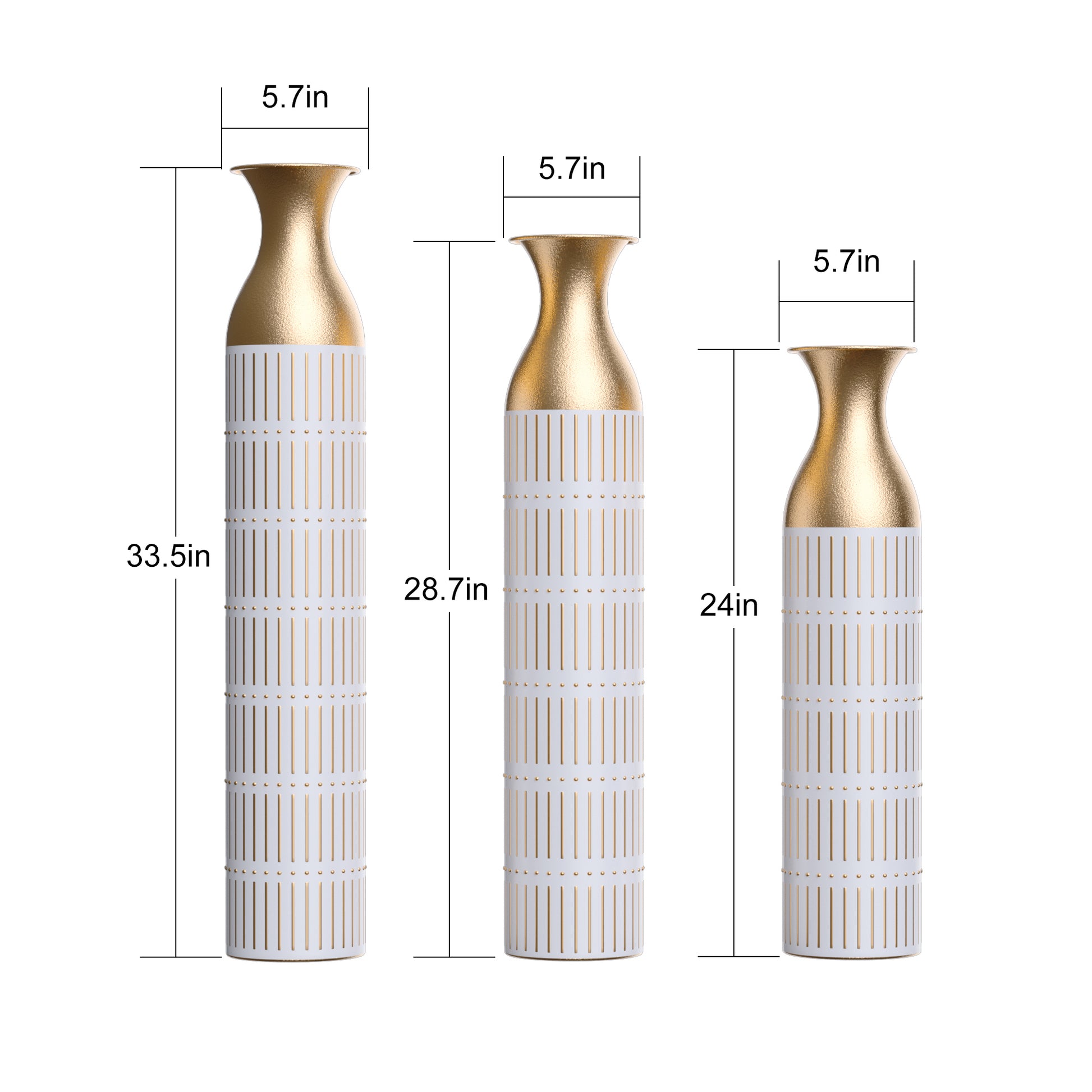 Floor Metal Vases Decorated White Metal Vases Set Of 3 Gorgeous Home Decoration Large Glazed Metal Vases 24In 28.7In 33.5In Height White Pu Metal