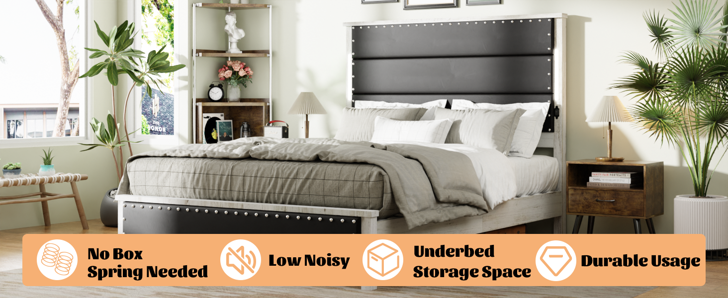 Queen Size Bed Frame With Upholstered Headboard, Queen Bed Frame With Charging Station And Led Lights, Wood Slats, Dark Gray Faux Leather & Rivets, No Box Spring Needed, Easy Assembly Box Spring Not Required Queen Antique White Gray Wood Bedroom Bed
