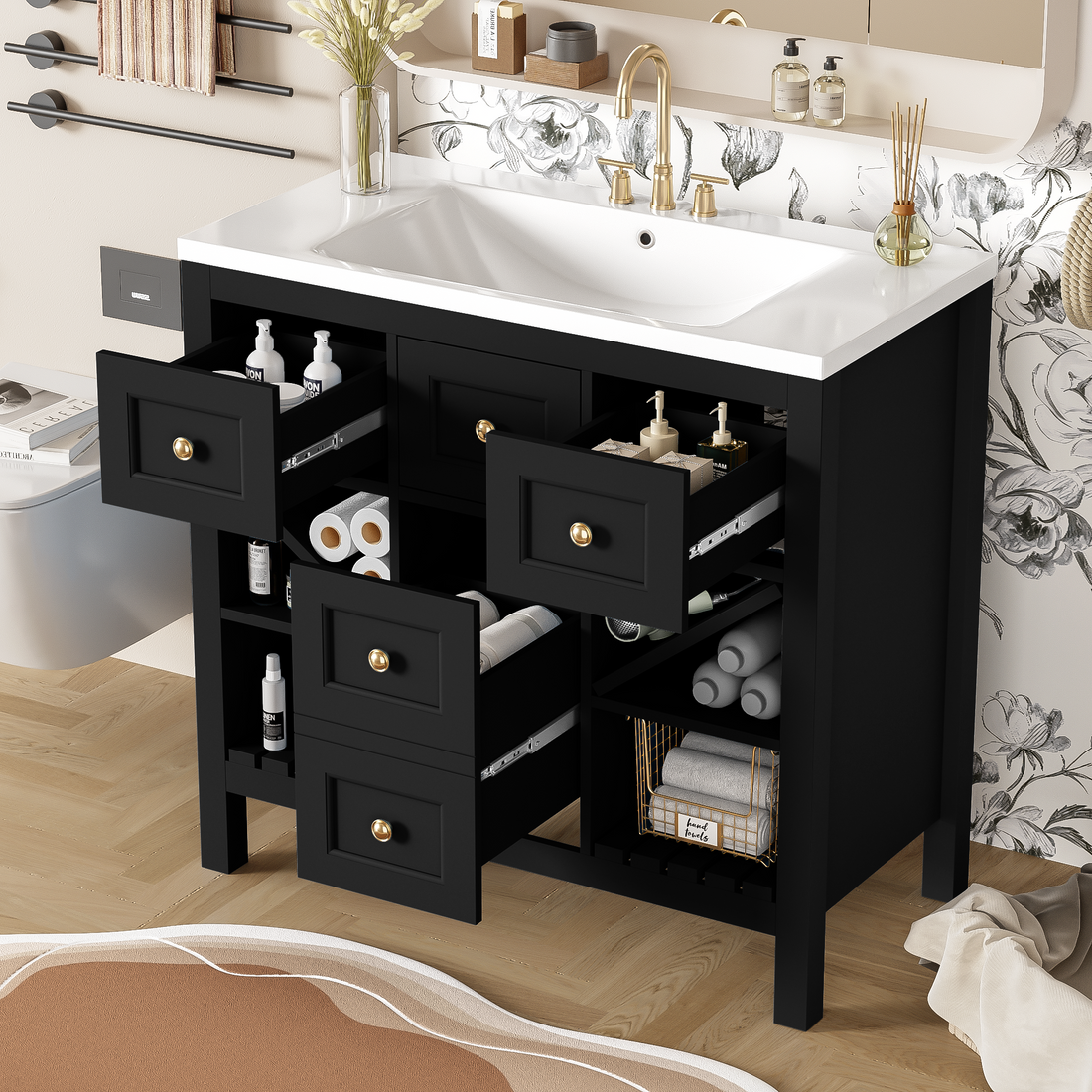 36'' Bathroom Vanity With Resin Sink Combo, Solid Wood Frame Bathroom Storage Cabinet, Freestanding Vanity Set With 5 Drawers& Soft Closing Doors Same As Sw000141Aab Black Bathroom Solid Wood Mdf Resin