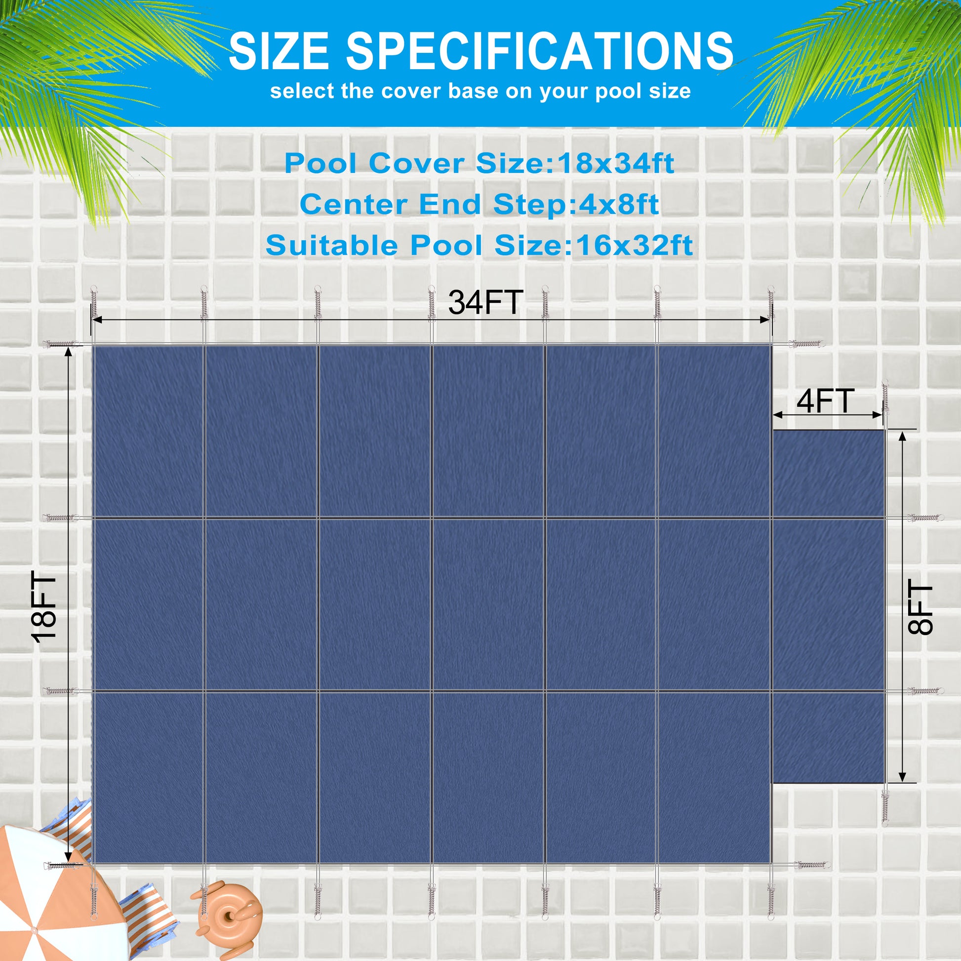 Pool Safety Cover, Fits 16X32Ft Rectangular Inground Winter Swimming Pools, With 4X8Ft Center End Step, Triple Stitched, High Strength Mesh Pp, Great Rain Permeability, Installation Hardware,Blue Mesh Blue Polypropylene