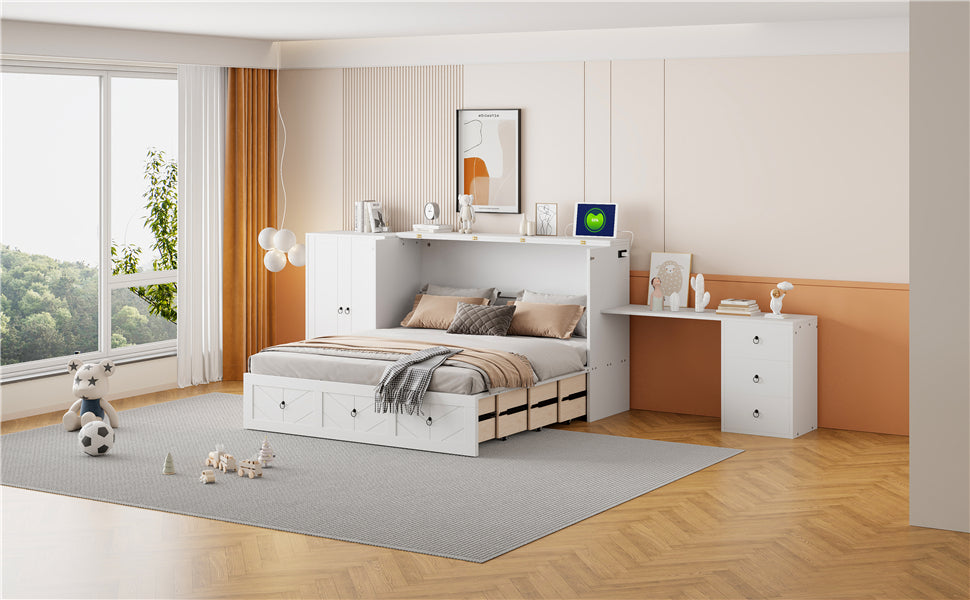 Queen Size Murphy Bed With Usb Port, Large Drawer, And Wardrobe Desk Combo Versatile White Cabinet Bed Queen White Solid Wood Mdf