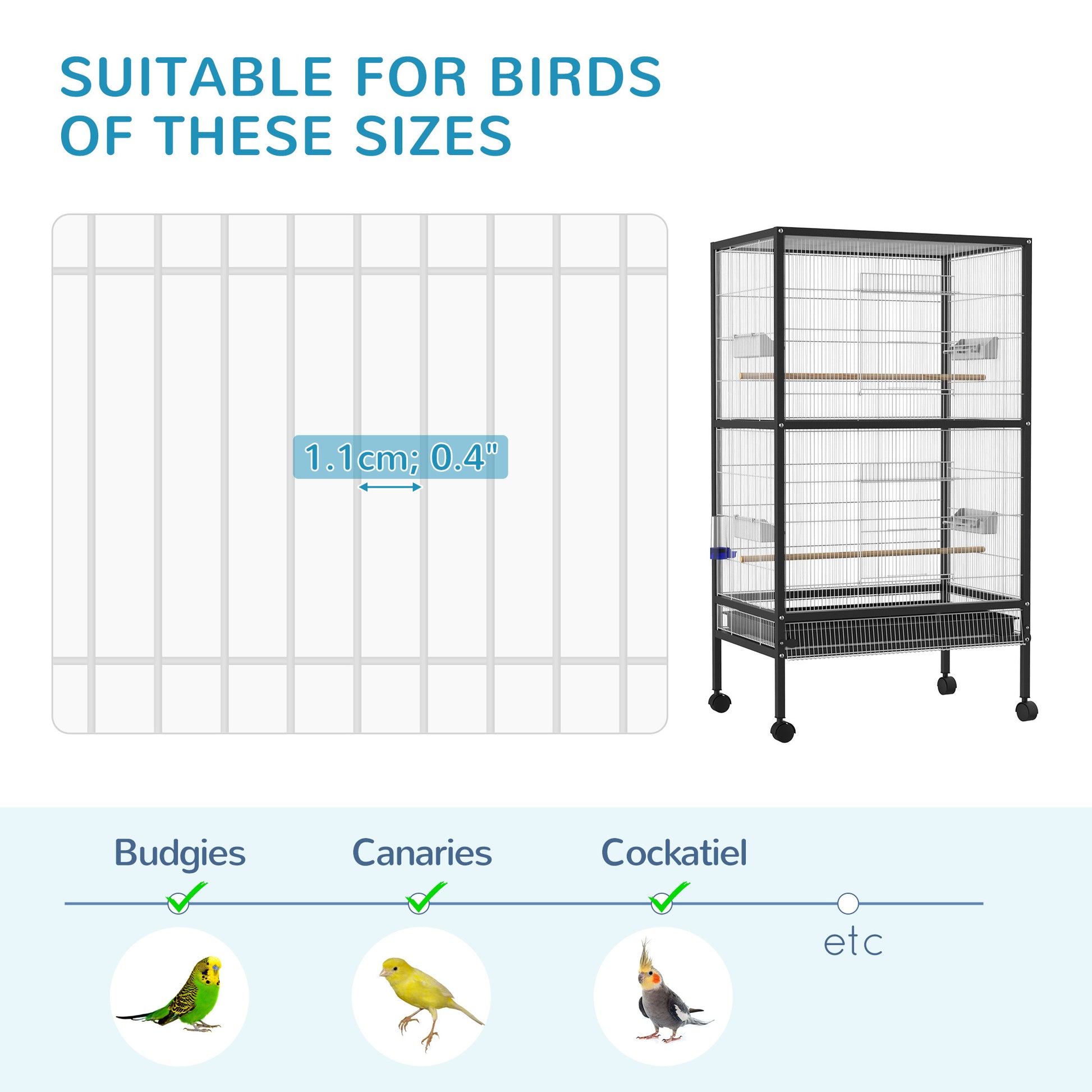 Pawhut 54" Extra Large Portable Rolling Iron Aviary Flight Bird Cage And Accessories Black Iron