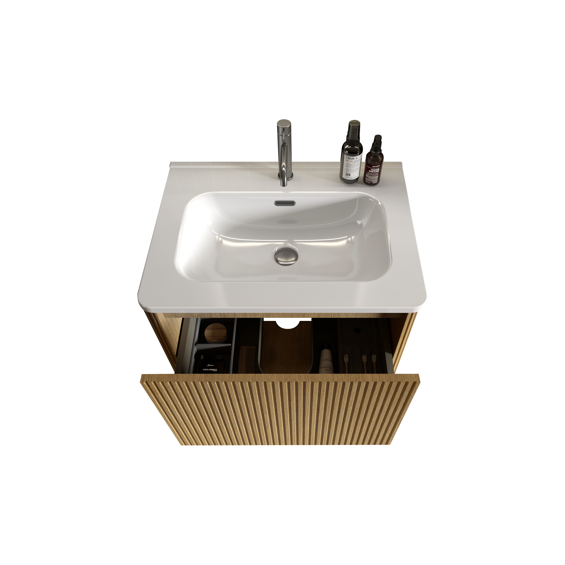 U055 Etna24W 306 Etna 24" Striped Natural Oak Bathroom Vanity With White Ceramic Sink, Wall Mounted Floating Bathroom Vanity For Modern Bathroom, Pre Assembled White Oak Bathroom Modern Melamine