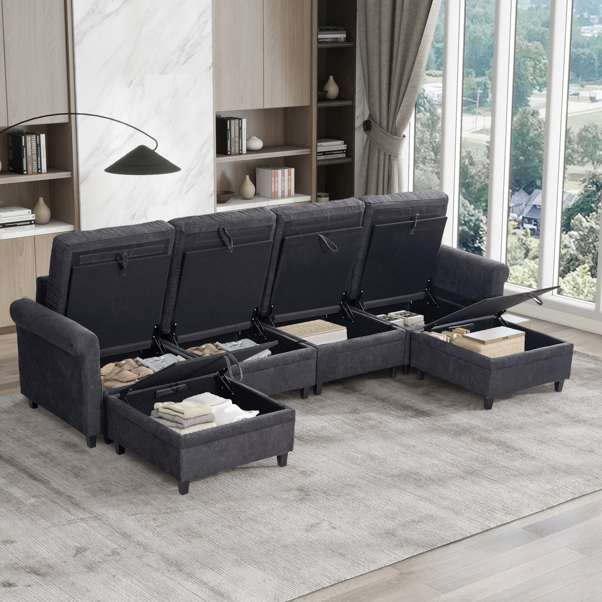 U Shaped Sectional Couch Convertible Sectional Couch With Double Chaise 6 Seat Sectional Sofa For Living Room Dark Gray Dining Room Fabric 6 Seat