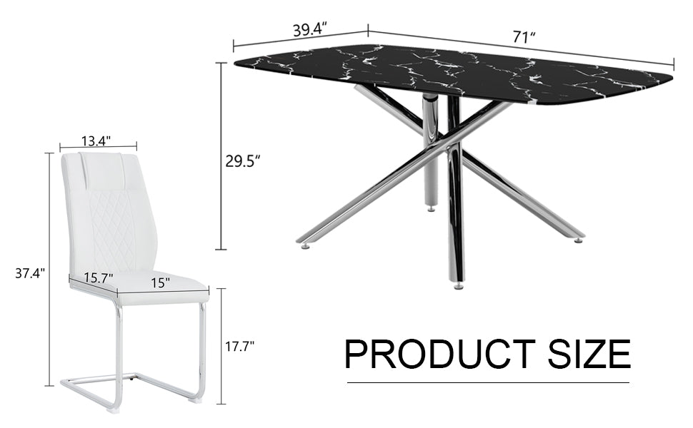 Table And Chair Set.Table And Chair Set.Modern Luxurious Black Marble Patterned Tempered Glass Dining Table With 8 White Pu Chairs.Multiple White High Quality Pu Dining Chairs With Silver Legs.