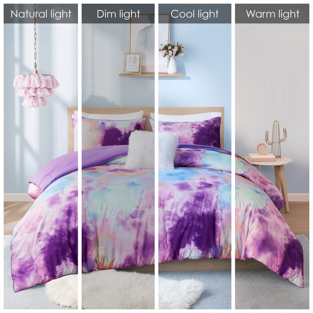 Watercolor Tie Dye Printed Comforter Set With Throw Pillow Queen Multicolor Polyester