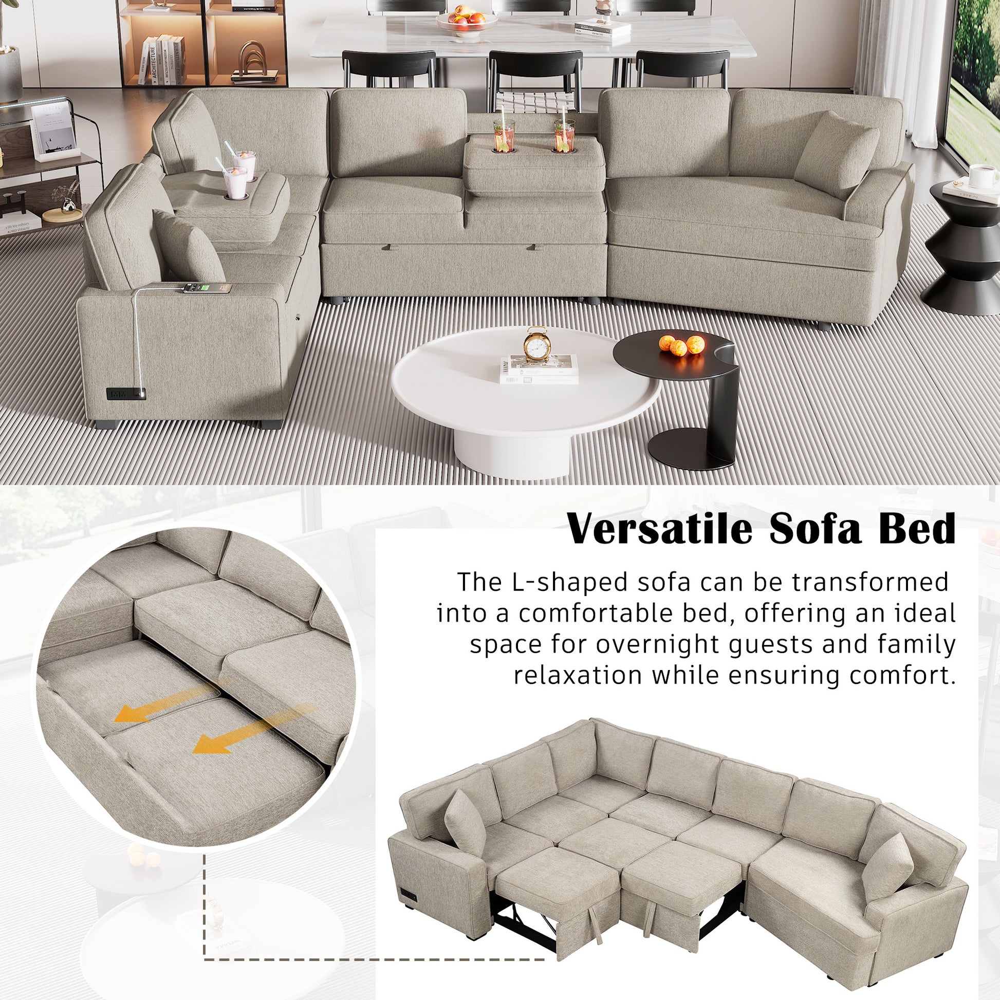 126" L Shaped Sofa Sectional Sofa Couch Pull Out Sofa Bed With Charging Devices And Cup Holders For Living Room, Beige Beige Foam Chenille 6 Seat