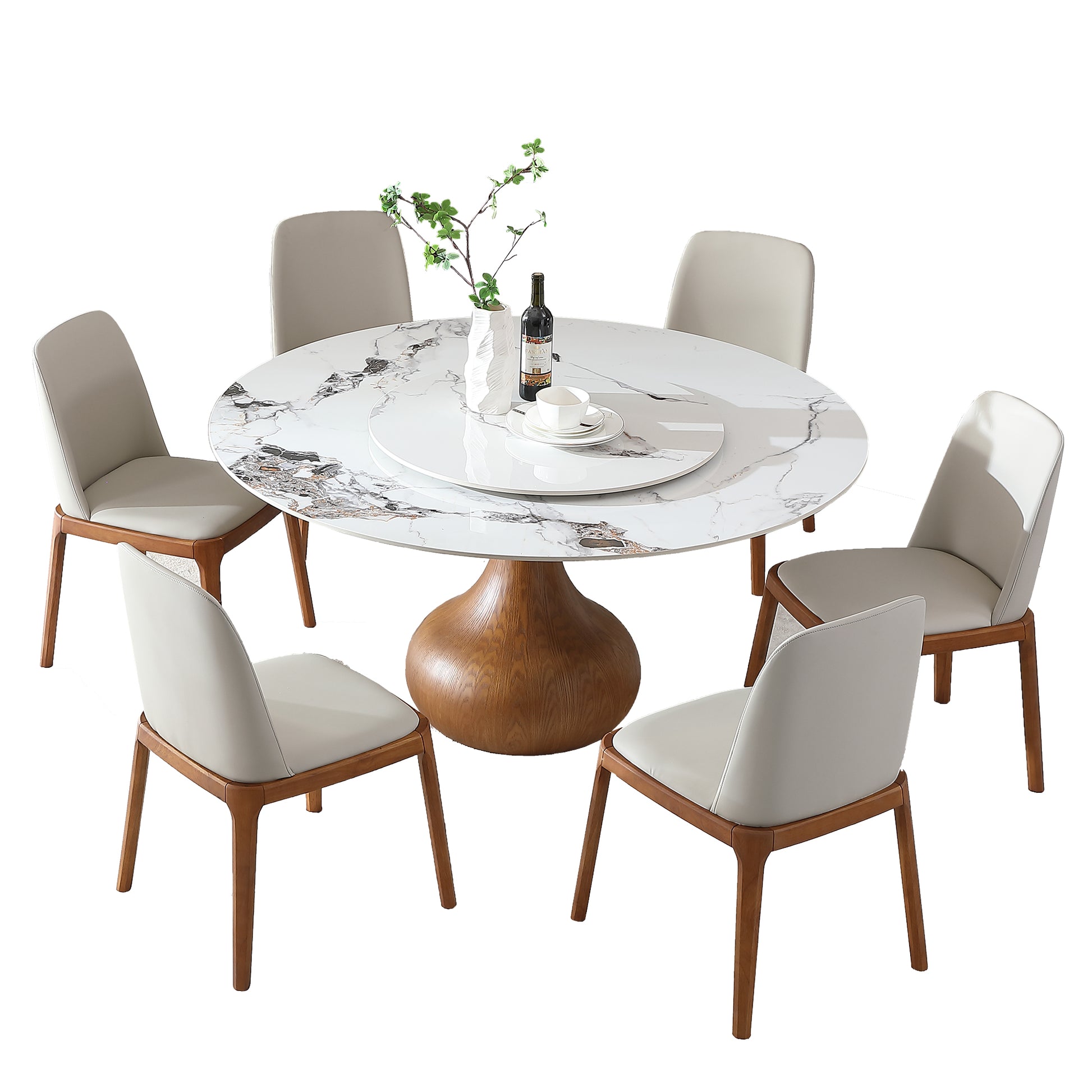 Modern Marble Dining Table, 59" Round Sintered Stone Table For Dining Room, Kitchen, Dinette, Compact Space With Lazy Susan 6 Chairs Walnut,White Dining Room American Design,Luxury,Modern Oak Round
