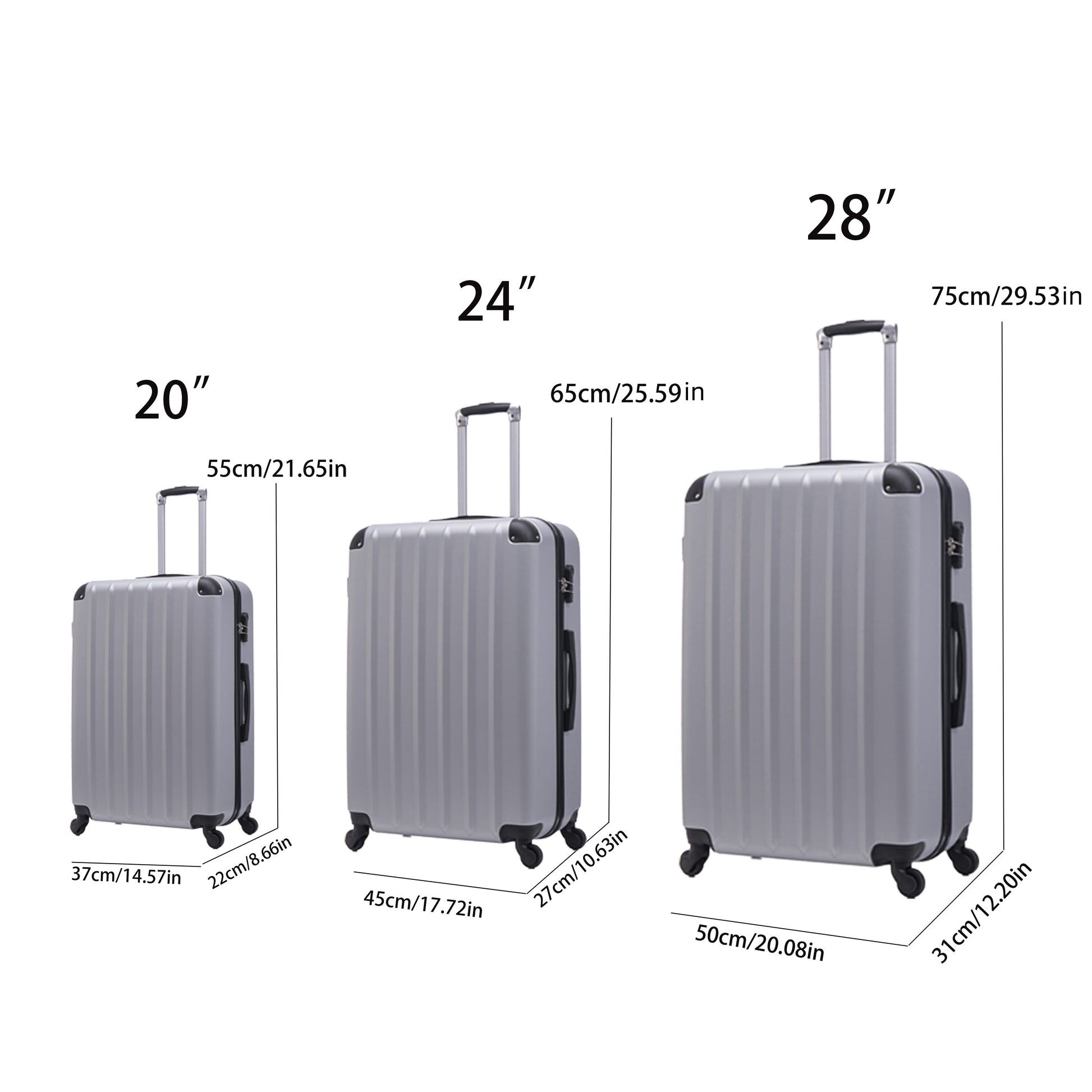 3 Piece Abs Hard Luggage Set With Universal Wheels And Luggage Password Lock, 20 24 28 Inches Silver Grey Abs