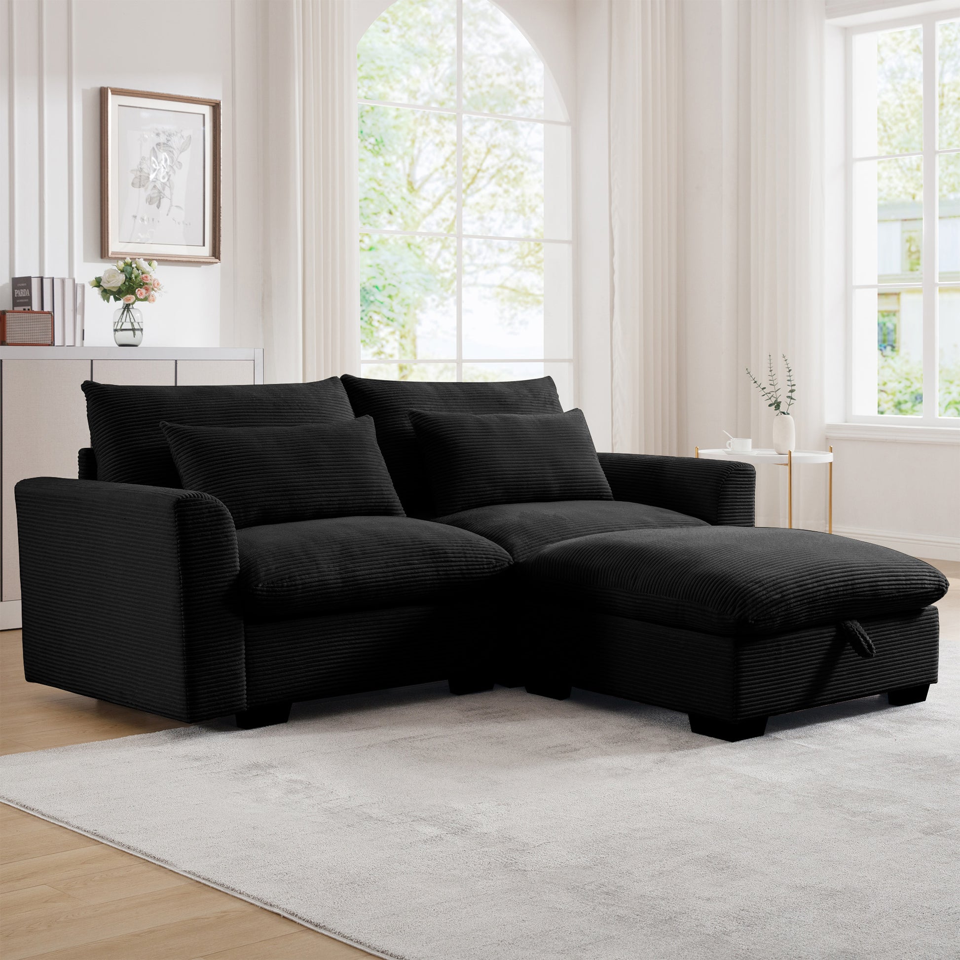 Sectional Sofa Comfy Corduroy Couch For Living Room With Pillows And Round Armrests, Modern Corduroy Sofa Sleeper Deep Couches With Storage Ottoman Black, 2 Seat Black Corduroy 2 Seat