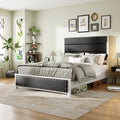 Queen Size Bed Frame With Upholstered Headboard, Queen Bed Frame With Charging Station And Led Lights, Wood Slats, Dark Gray Faux Leather & Rivets, No Box Spring Needed, Easy Assembly Box Spring Not Required Queen Antique White Gray Wood Bedroom Bed
