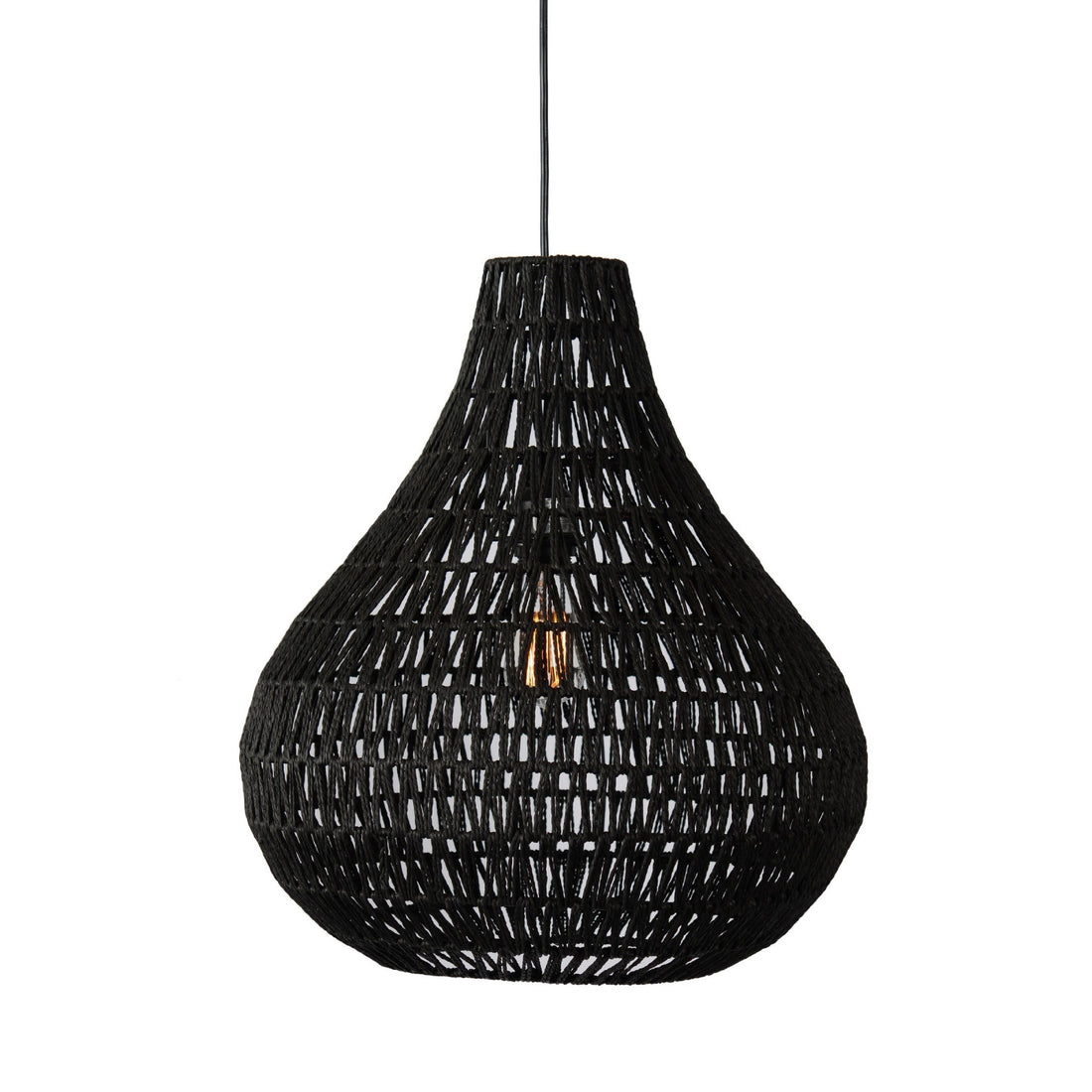 Boney 18 Inch Pendant Light, Woven Rope, Rounded Shape, Iron, Black Black Iron