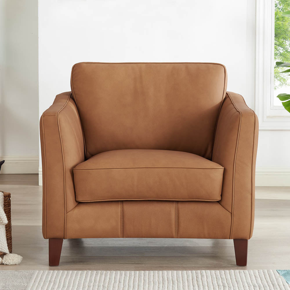 Aria Top Grain Leather Chair Brown Primary Living Space Mid Century Modern Eucalyptus Down Filling Leather
