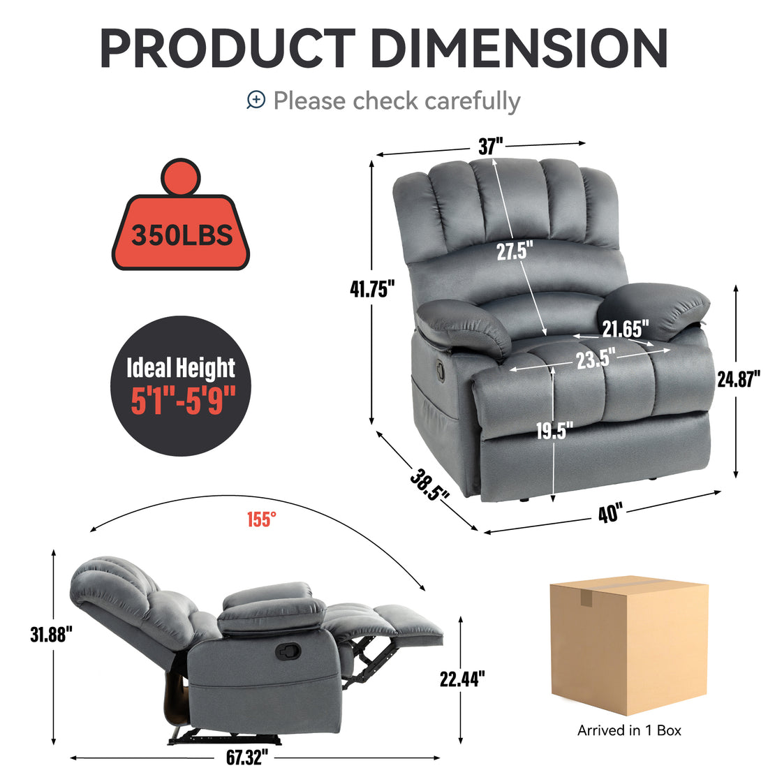 Large Manual Recliner Chair In Fabric For Living Room, Grey Grey Polyester Manual Handle Metal Primary Living Space Medium Firm Cushion Back Heavy Duty American Design Pine Pillow Top Arms Fiber Foam And Polyester Fiber Pad Fabric