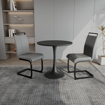 Black Circular Dining Table, 31.5 "Tulip Dining Table, Kitchen Dining Table For 2 4 People, Mdf Tabletop And Base, And 2 Gray Pu Black Metal Leg Dining Chairs Set 2 Black Mdf