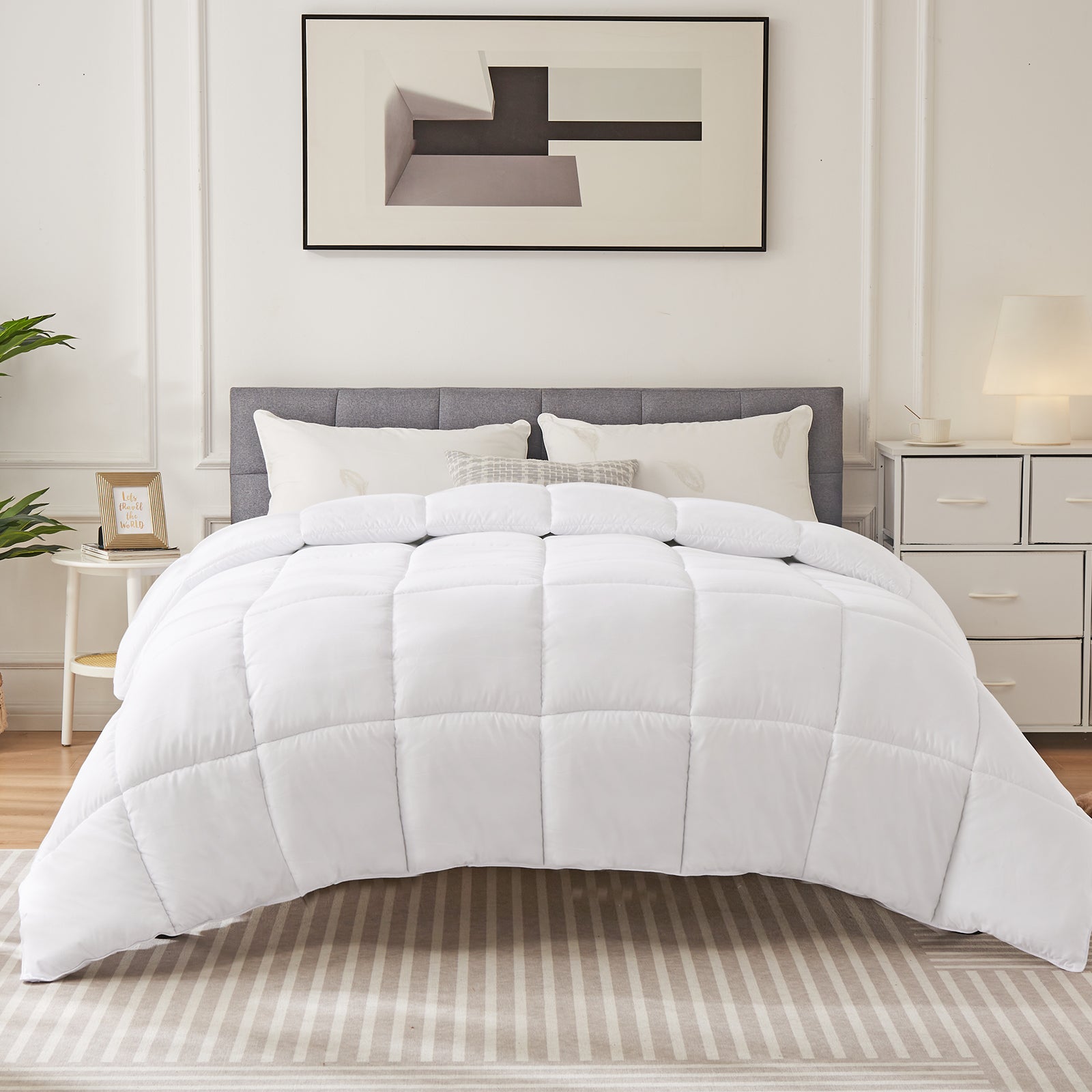 Bedding Polyester Comforter Duvet Insert, Quilted Comforter With Corner Tabs, Box Stitched Alternative Comforter With Ultra Soft Fiber Material, All Season Comforter Insert White Polyester