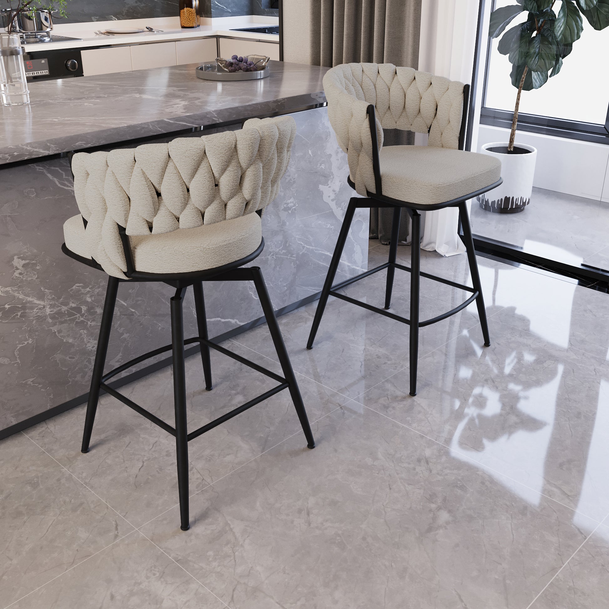 Bar Chair Suede Woven Bar Stool Set Of 4,Black Legs Barstools No Adjustable Kitchen Island Chairs,360 Swivel Bar Stools Upholstered Bar Chair Counter Stool Arm Chairs With Back Footrest, White Metal White Kitchen Dining Chairs Foam Technical Leather
