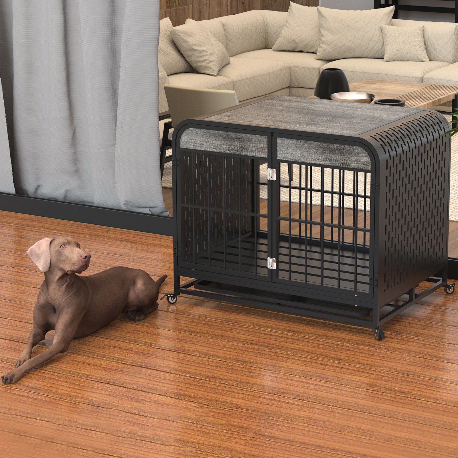 Heavy Duty Dog Crate Furniture Wooden Table Pet Dog Cage Kennel House Indoor Side End Table Decor With Removable Trays And Lockable Wheels For Small Dogs 33" Grey Grey Outdoor Kennel Small 11 25 Lbs Mdf Steel