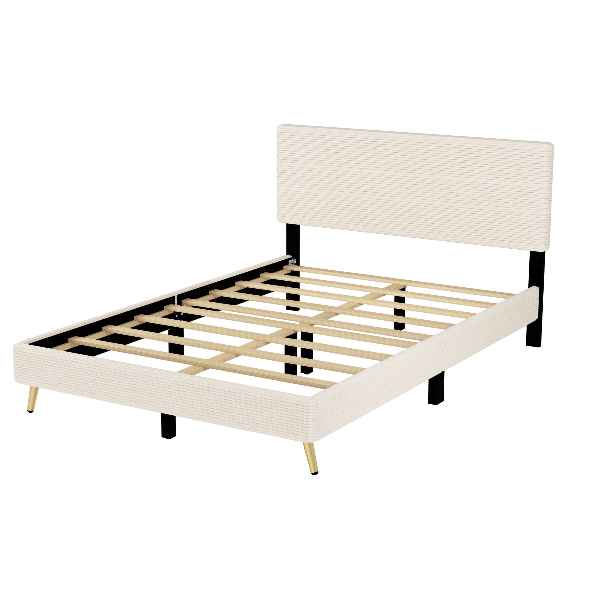 Queen Size Corduroy Upholstered Bed Frame, Platform Bed With Horizontal Stripe Headboard, No Box Spring Needed, Beige Queen Beige Bed Frame Solid Wood Mdf