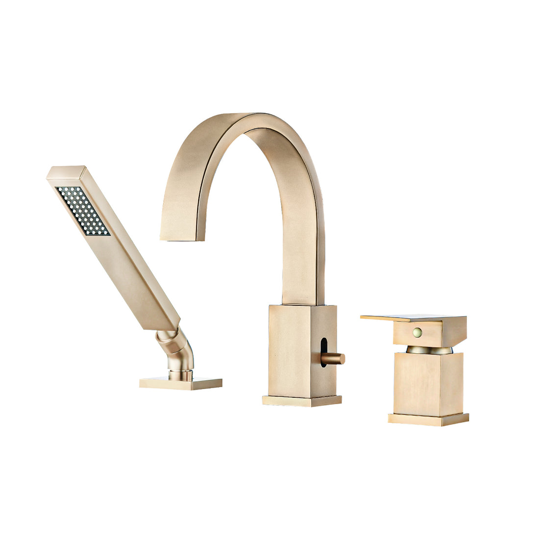 Waterfall Bathtub Faucet With Sprayer, 3 Hole Roman Tub Filler With Hand Shower Deck Mount Waterfall Tub Spout Set Brushed Gold Stainless Steel