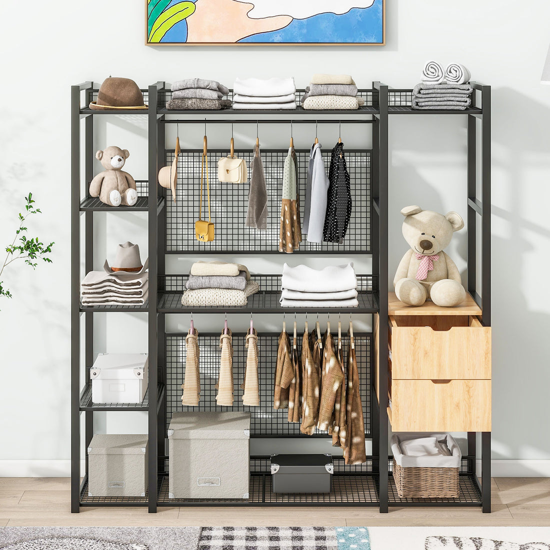 Open Style Wardrobe With Hanging Rails, Shelves And Drawers, Black Black Metal & Wood