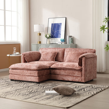 United We Win Chenille Fabric, Removable Armrests With Side Pockets, High Density Sponge Filling, Oversized Double Sofa With Footstool Pink Chenille 2 Seat