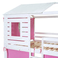 Full Size Bunk Wood House Bed With Tent, Pink White Full Pink White Solid Wood Mdf