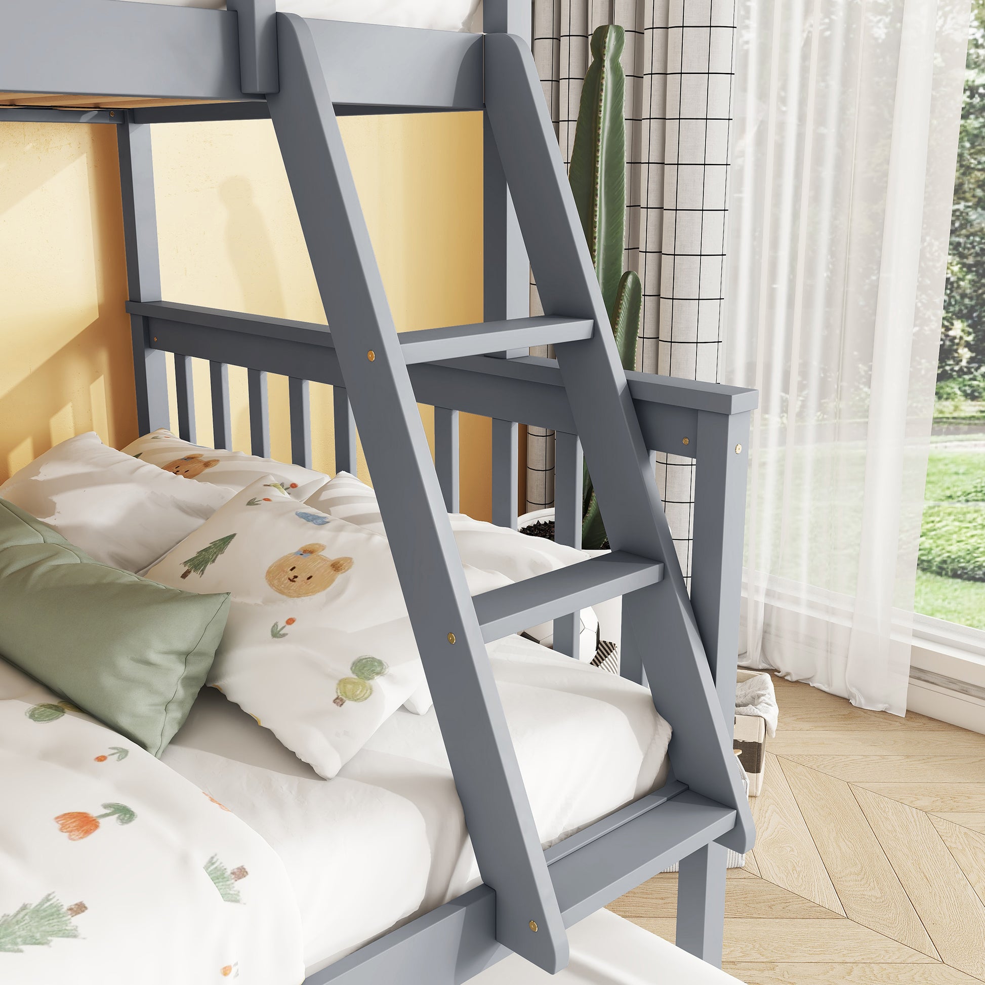 Twin Over Full Rubber Wood Bunk Bed With Trundle, Convertible Ladder And Guardrail, Detachable, Convertible Bed, With Twin Size Trundle ,Grey Twin Grey Rubber Wood