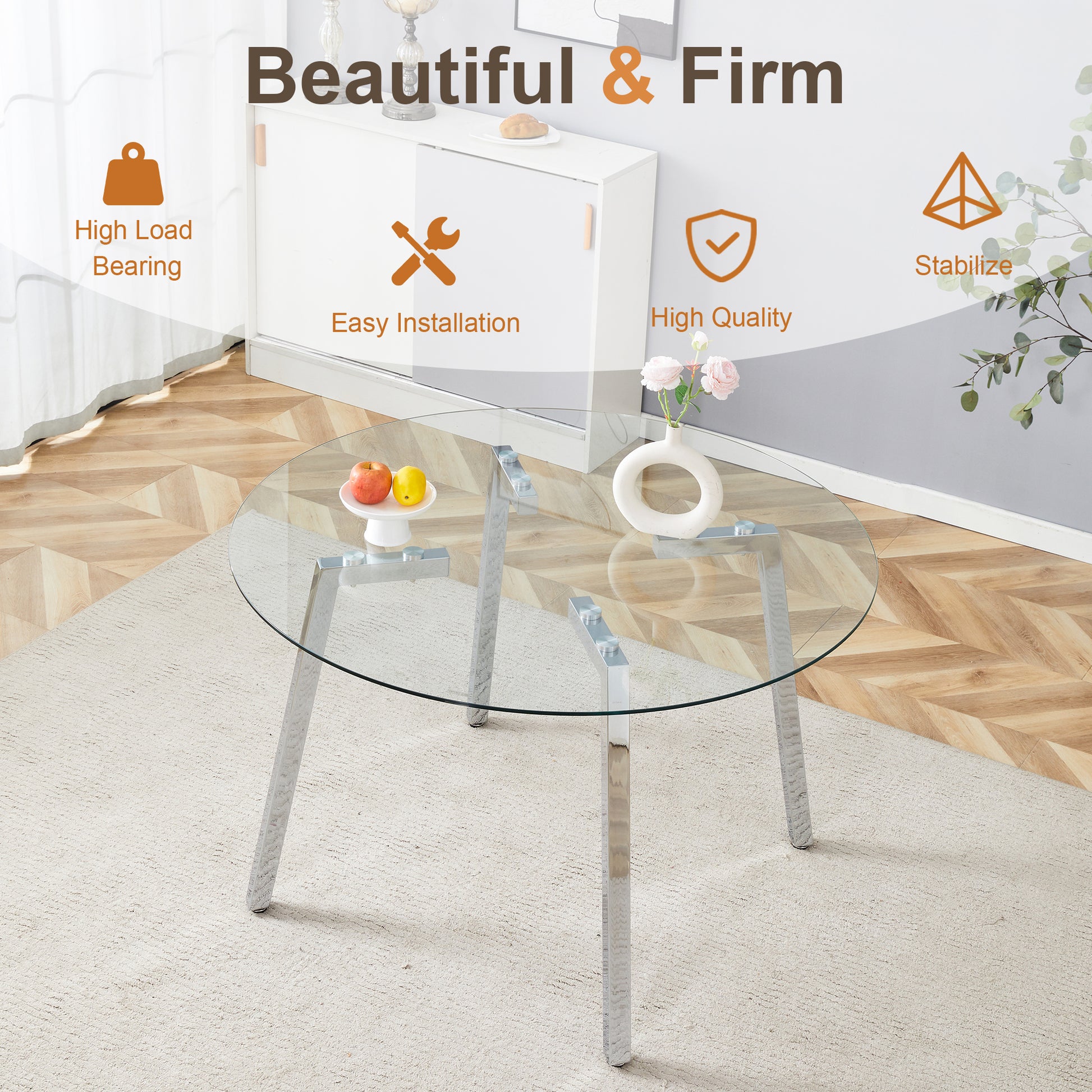 Modern Luxurious Round Tempered Glass Dining Table With Silver 7 Shaped Metal Legs,Suitable For Family Meals, Office Conferences, Or As A Casual Coffee Table For Various Occasions.47.3*47.3*29.5