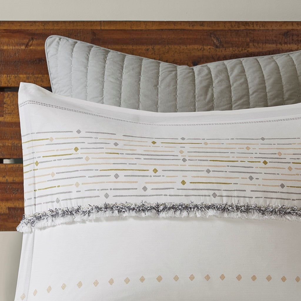 Cotton Printed Comforter Set With Trims Off White Gray Full Queen Queen Off White Gray Cotton