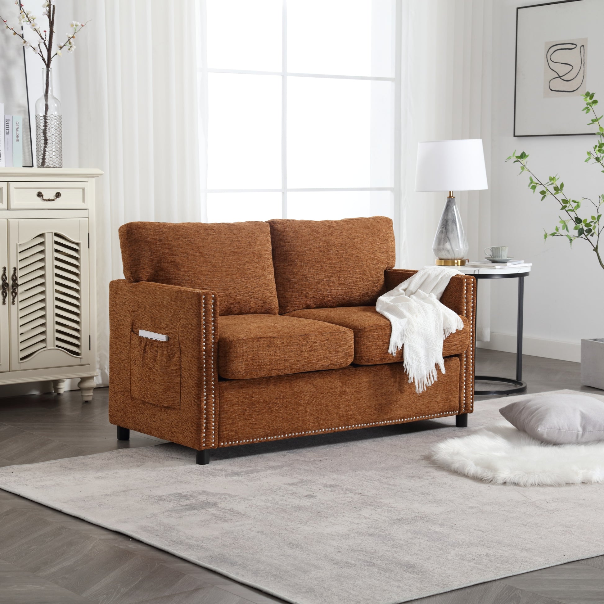 United Modern Chenille Fabric Loveseat, 2 Seat Upholstered Loveseat Sofa Modern Couch Brown Chenille 2 Seat