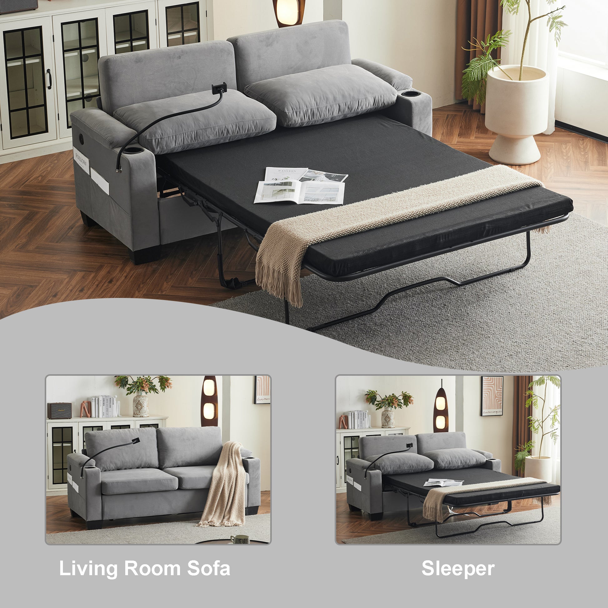 Large Sofa, Chenille Material, Two Seater, Modern Upholstered Sofa With Double Cup Holder, Mobile Phone Holder, For Living Room, Apartment, Bedroom, Dark Grey Dark Grey Minimalist Chenille,Wood Metal