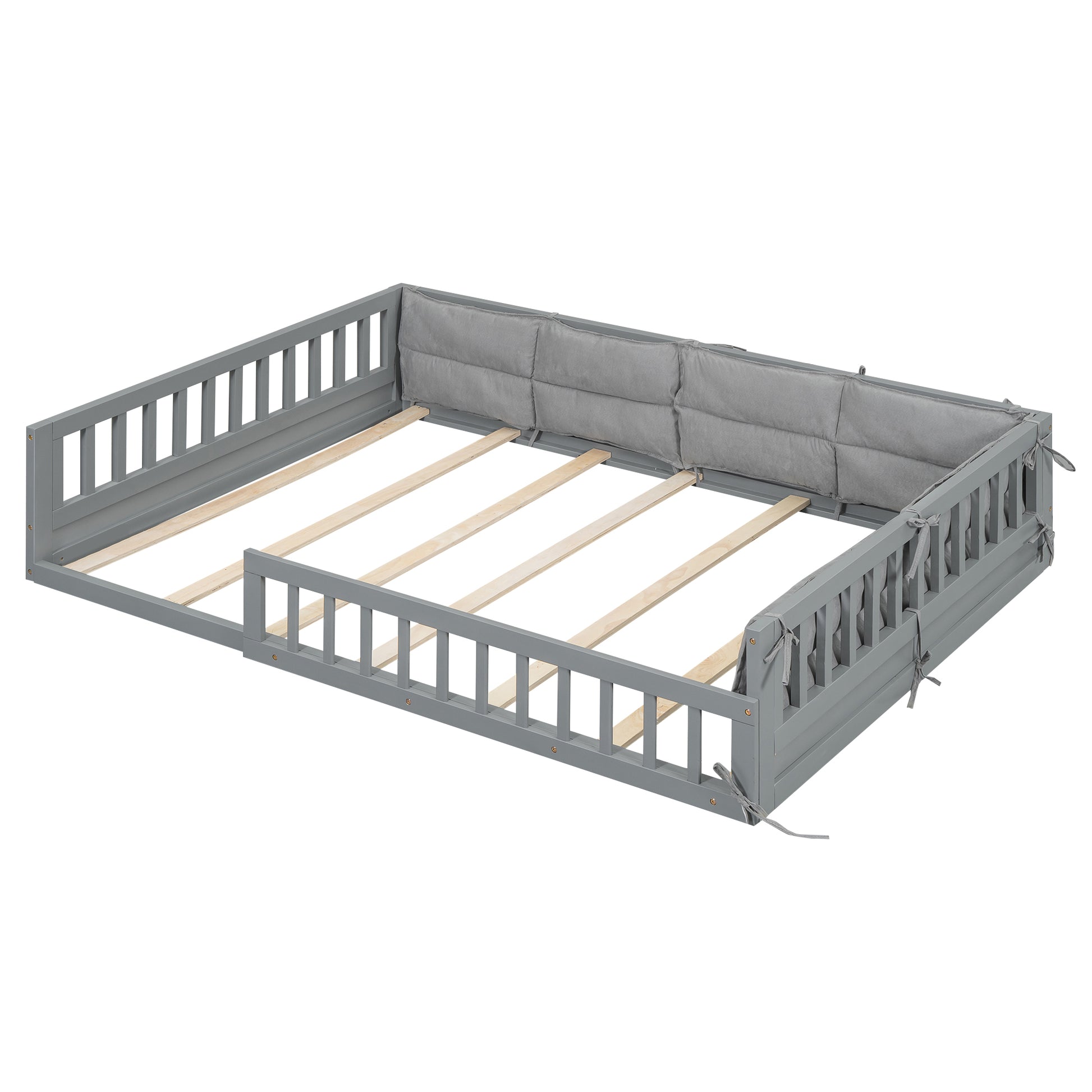 Wood Full Size Upholstered Platform Bed With Guardrail And Pillow, Gray Box Spring Not Required Full Gray Wood Bed Frame Solid Wood Mdf