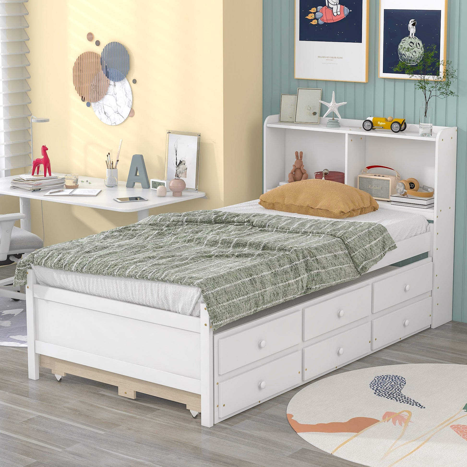 Twin Bed With Bookcase,Twin Trundle,Drawers,White Twin White Pine