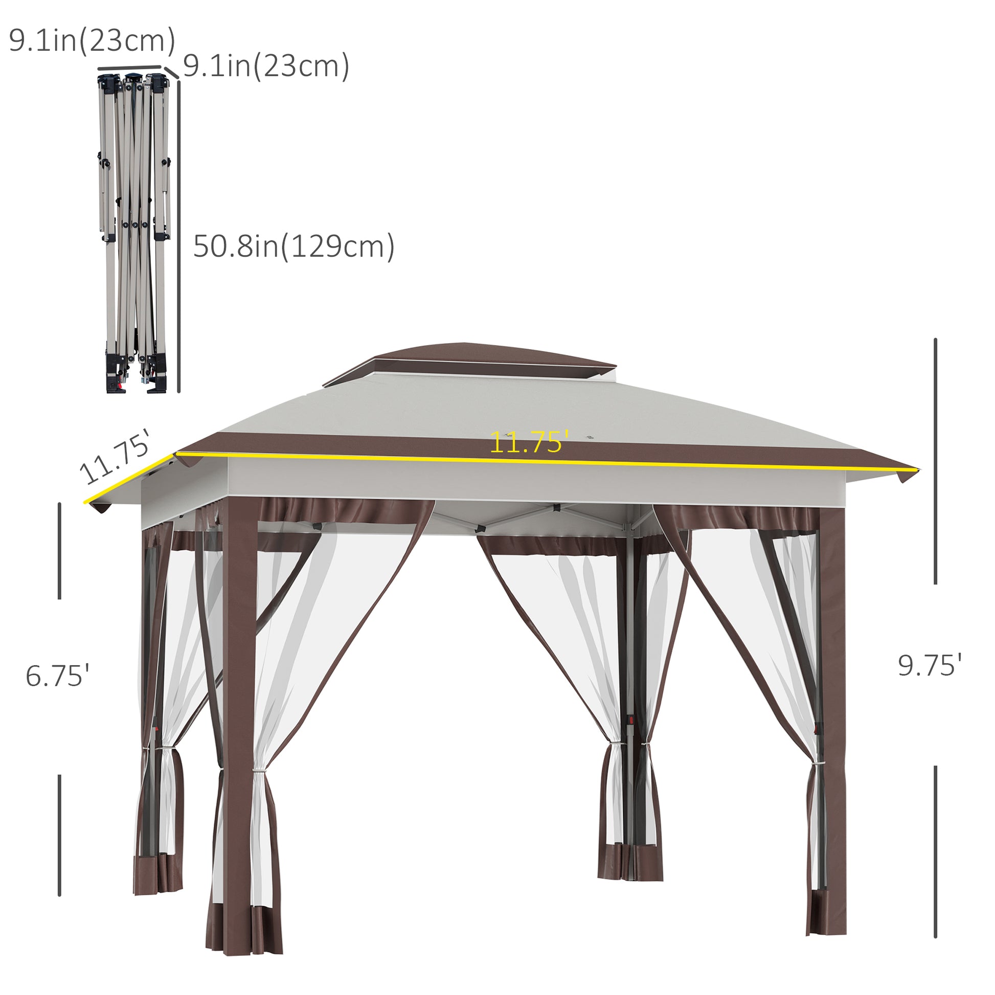 Outsunny 12' X 12' Pop Up Canopy Tent With Netting And Carry Bag, Instant Sun Shelter With 137 Sq.Ft Shade, Tents For Parties, Height Adjustable, For Outdoor, Garden, Patio, Beige And Brown Multicolor Steel