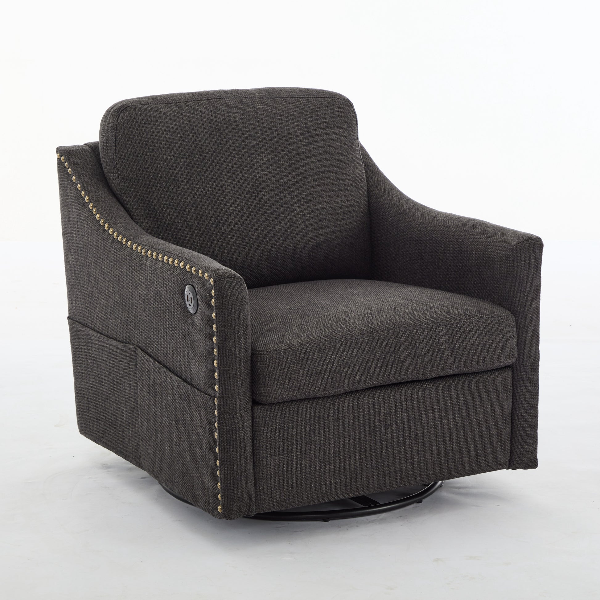 Dark Grey 360 Degree Swivel Rotating Accent Chair With Usb And Magazine Book For Living Room And Hotel Bed Room,Upholstered Accent Chair With Cooper Nail Dark Grey White Primary Living Space American Design,Classic,Modern Pine Foam Wood Fabric