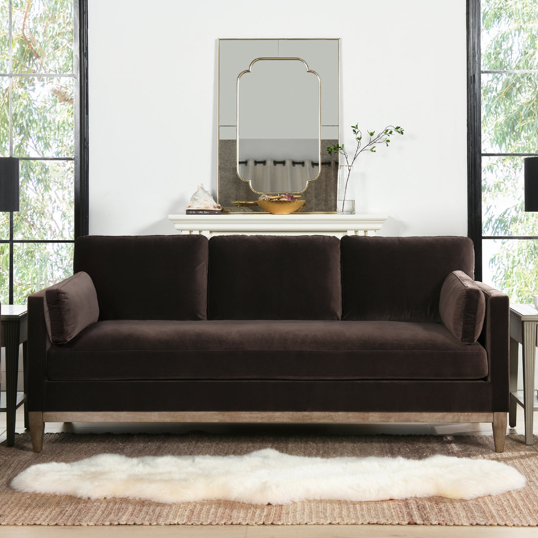 Knox 84" Modern Farmhouse Sofa, Deep Brown Performance Velvet Brown Wood Foam Velvet 3 Seat