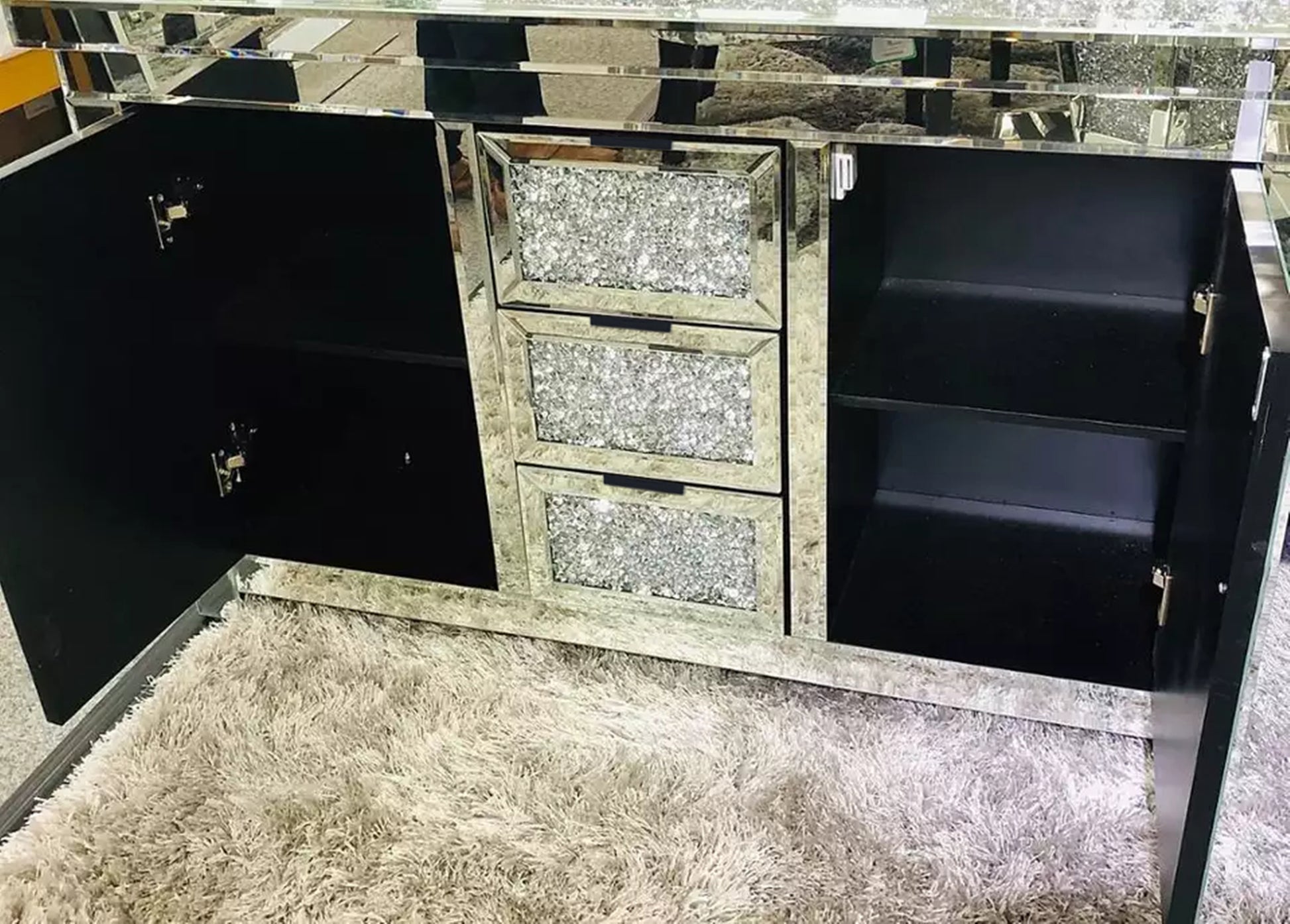 57" Wide 3 Drawer Mirrored Glass Sideboard Silver Kitchen Luxury,Modern Cabinets Included Mdf Glass,Mirror