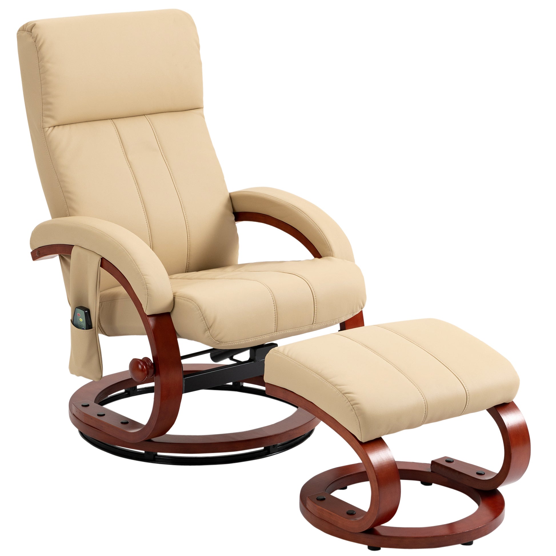 Homcom Recliner Chair With Ottoman, Electric Faux Leather Recliner With 10 Vibration Points And 5 Massage Mode, Reclining Chair With Remote Control, Swivel Wood Base And Side Pocket, Beige Beige Steel