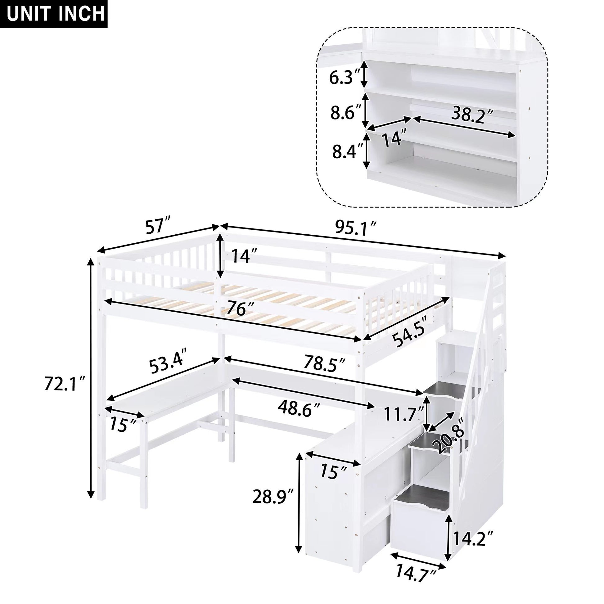 Full Size Loft Bed With Built In L Shaped Desk And Three Tier Storage Shelves,And Attached Storage Staircase, White Old Sku: Gx001809Aak Full White Pine