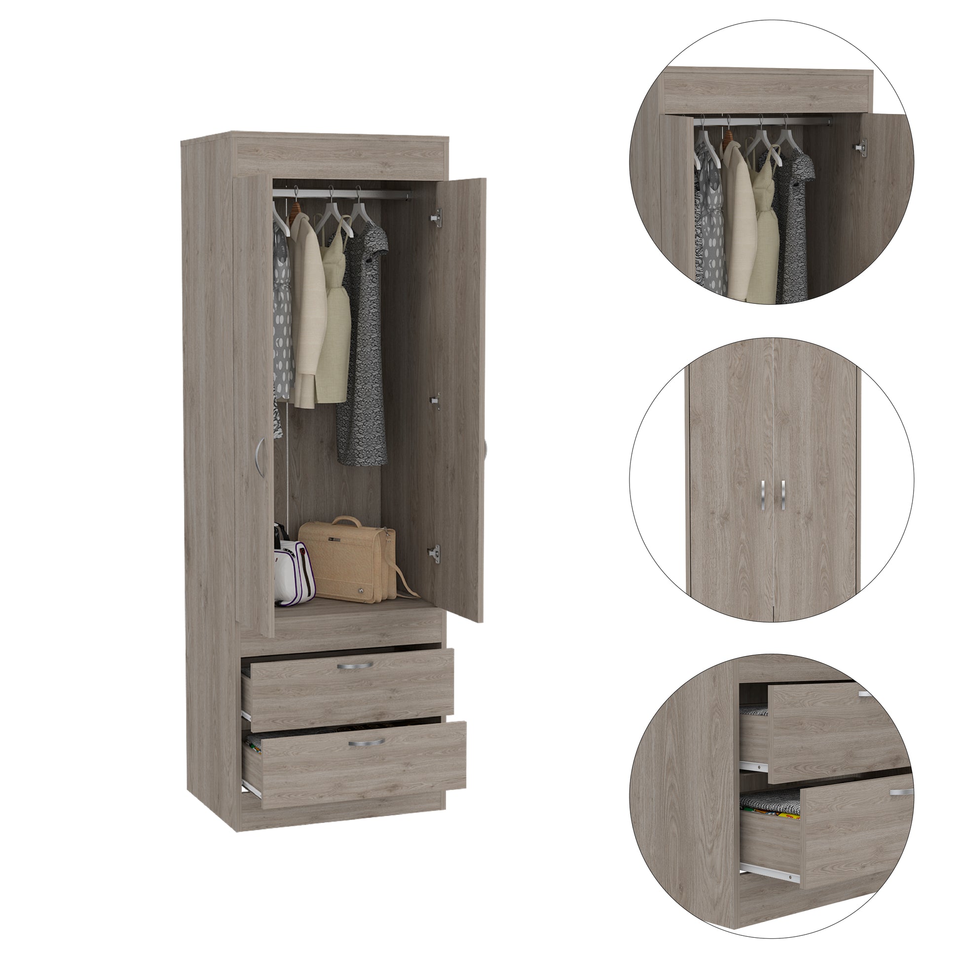 Lisboa Armoire, Rod, Double Door, Two Drawers, Metal Handles Light Gray Light Gray Particle Board