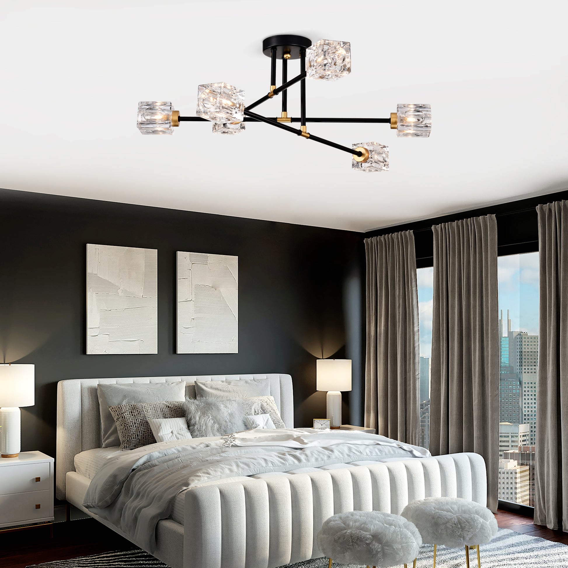 Modern Ceiling Lamp With Light Fixture 6*G9 Bulbs Included ,Modern Semi Flush Mount Light Fixture Crystal Chandelier For Dining Room, Bedroom, Living Room Matte Black Matte Gold Gold,Matte Black