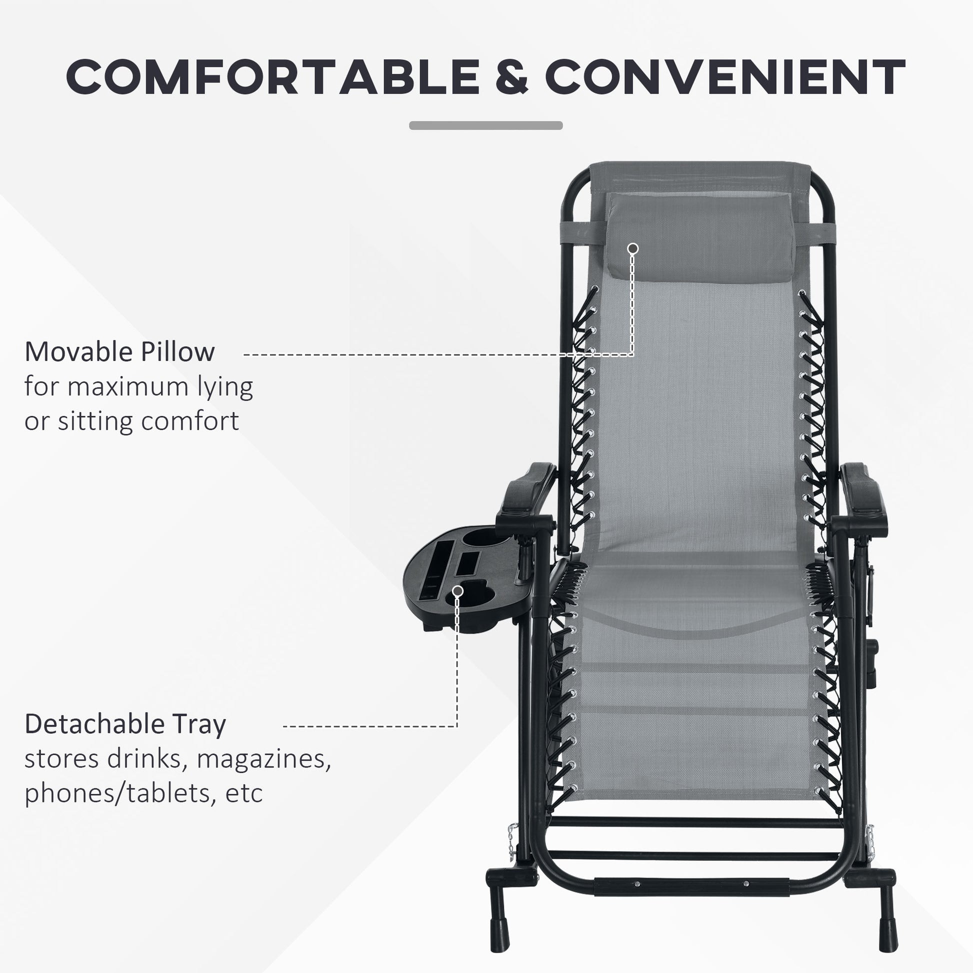 Outsunny 2 Pieces Outdoor Rocking Chairs, Foldable Reclining Zero Gravity Lounge Rocker With Pillow, Cup & Phone Holder, Combo Design With Folding Legs, Gray Gray Steel