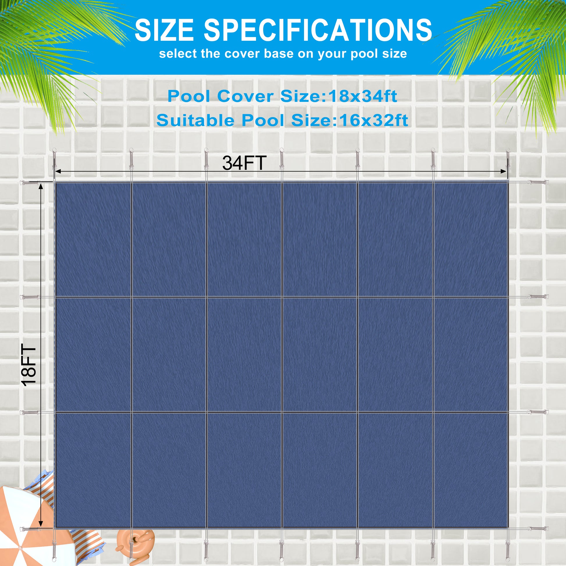 Inground Pool Safety Cover, 16X32Ft Rectangle Winter Safety Pool Cover For Inground Swimming Pools, Solid Safety Pool Covers, Triple Stitched For High Strength, Hardware Included,Blue Mesh Blue Polypropylene