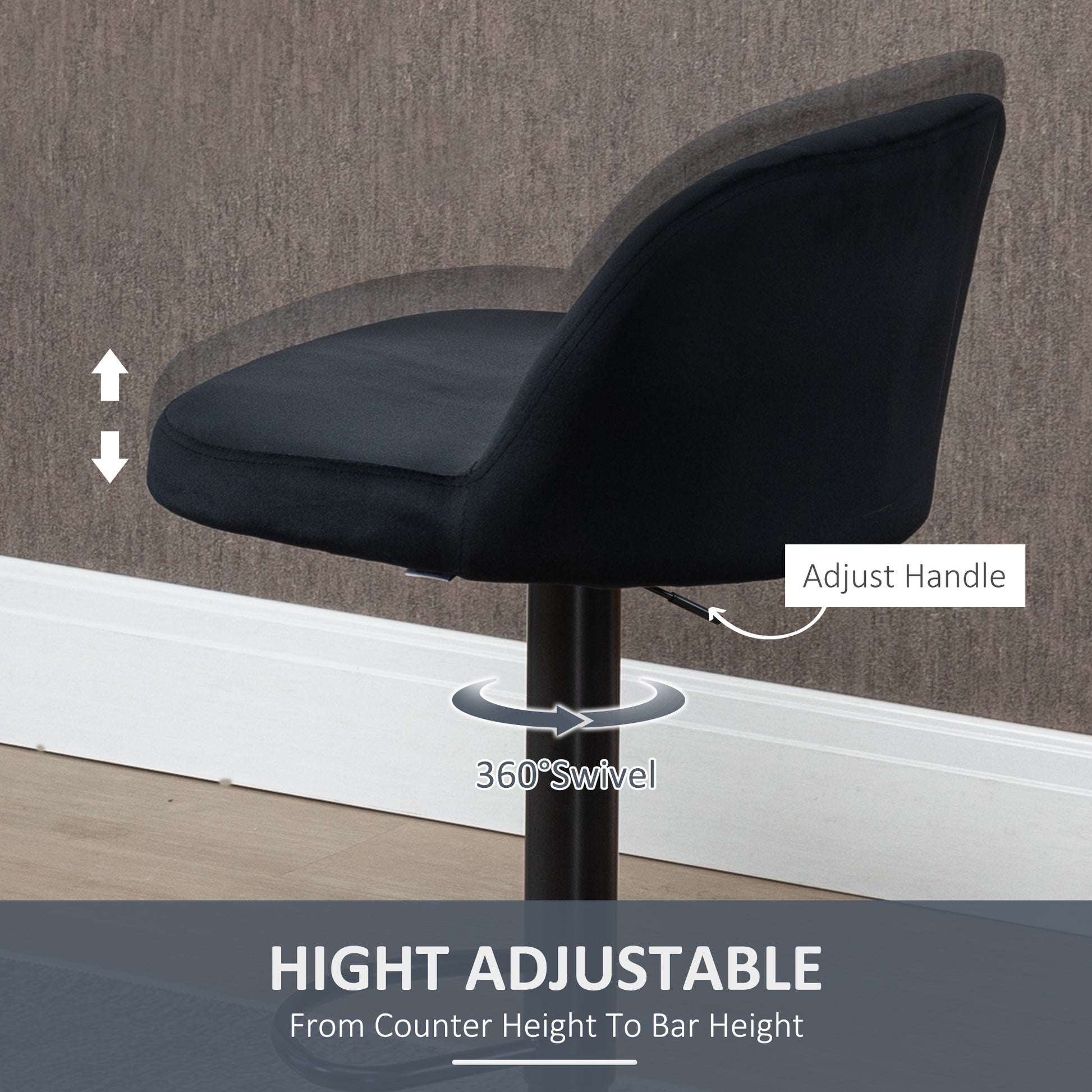 Homcom Adjustable Bar Stools Set Of 2, Velvet Counter Height Barstool, Upholstered Kitchen Stool With Swivel Seat, Steel Frame, Footrest For Kitchen Counter And Dining Room, Black Black Polyester