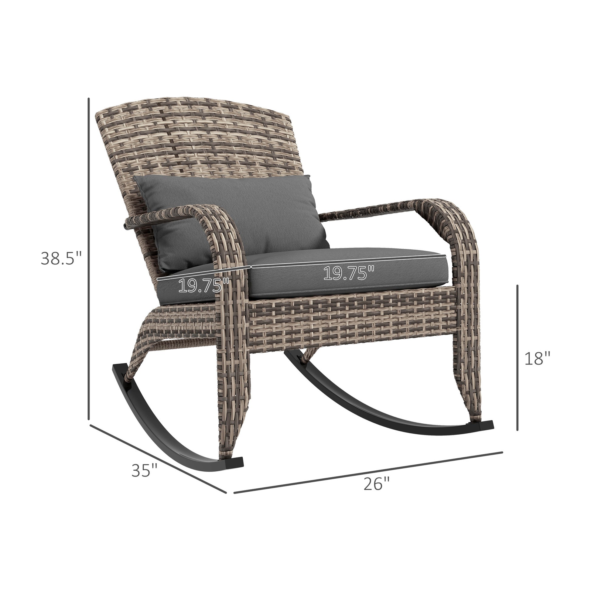 Outsunny Outdoor Wicker Adirondack Rocking Chair, Patio Rattan Rocker Chair With High Back, Seat Cushion, And Pillow For Garden, Porch, Balcony, Gray Gray Rattan