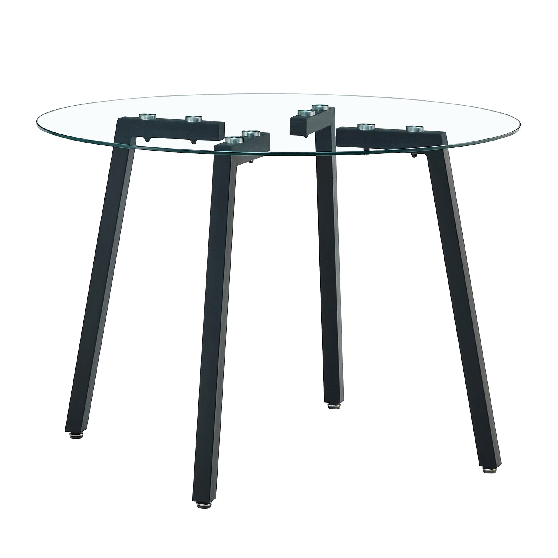 Table And Chair Set.A Modern Minimalist Style Round Clear Tempered Glass Table With Black Metal Legs.Paried With 4 Chairs With Modern Pu Leather High Back Upholstered And C Tube Black Metal Legs. White Black Seats 4 Glass Metal