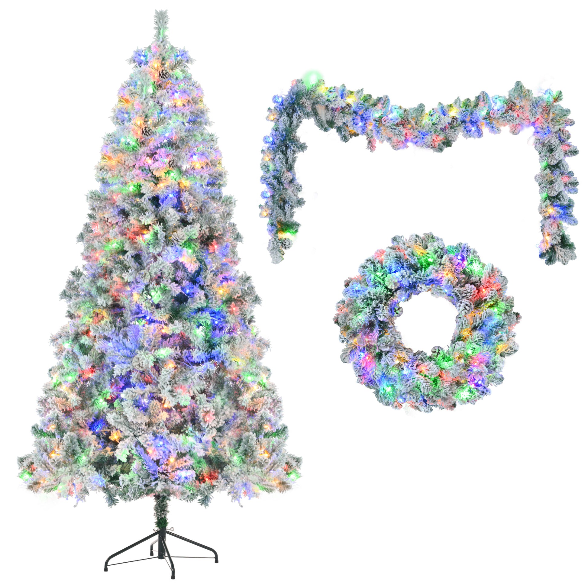 6Ft Snow Flocked Christmas Tree, Pre Lit Set With Tree & Garland & Wreath, Artificial Hinged Xmas Tree With Colorful Led Lights, 8 Lighting Modes, Pine Cones, Holiday D Cor For Home White Green Pvc