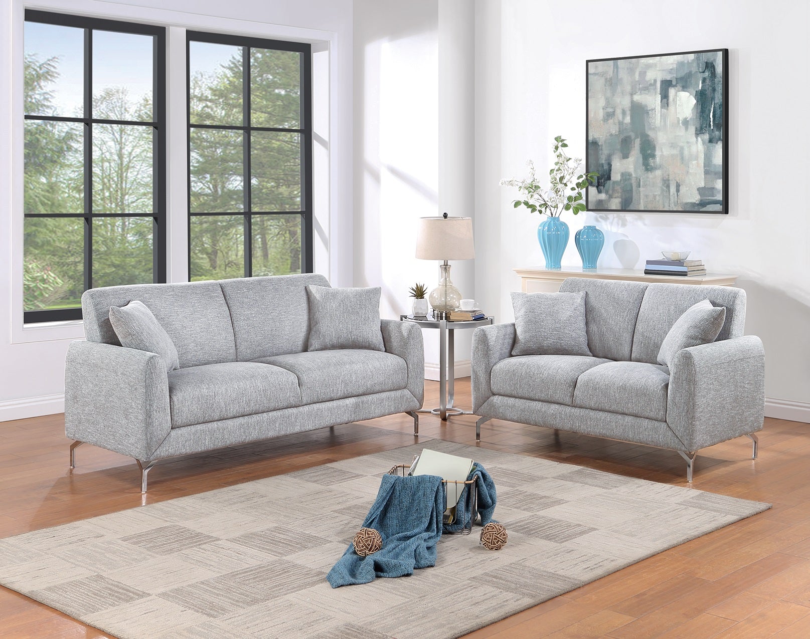 Elegant 2Pc Sofa Set Light Gray Burlap Like Fabric Sofa Loveseat W Pillows Cozy Design Plush Couch Living Room Light Gray Primary Living Space Cushion Back Classic,Contemporary,Modern Rubberwood