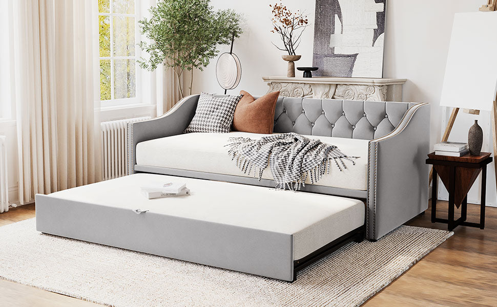 Twin Size Upholstered Daybed With Pop Up Trundle, Gray Twin Gray Upholstered